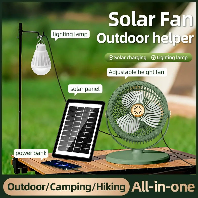☀️ 3-in-1 Solar Powered Camping Floor Fan, Adjustable Height Portable Outdoor Fan with Built-in LED Light & Emergency Power Bank for Tent RV Patio Tailgating