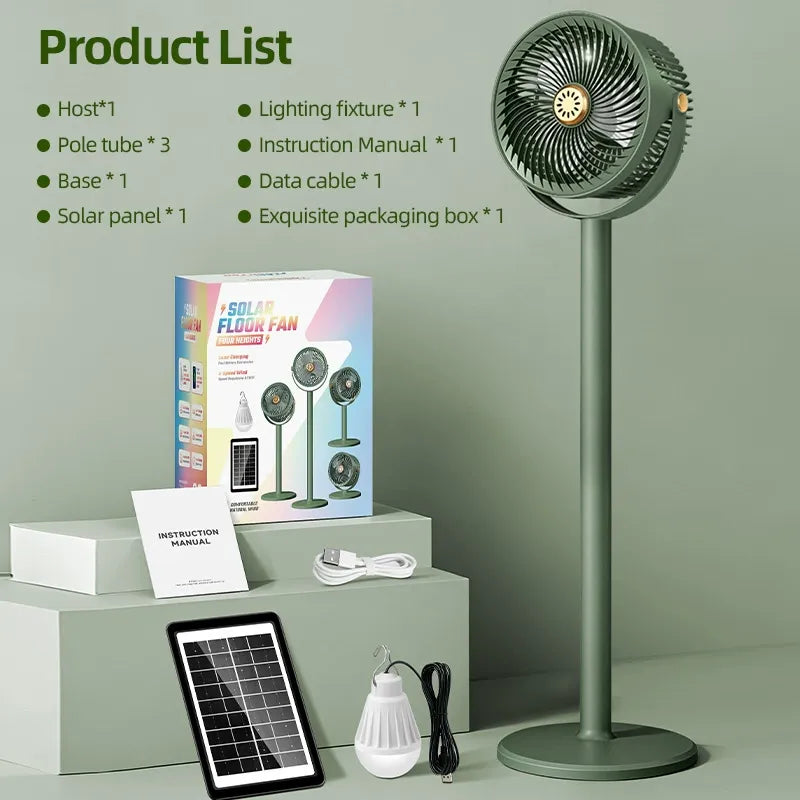 ☀️ 3-in-1 Solar Powered Camping Floor Fan, Adjustable Height Portable Outdoor Fan with Built-in LED Light & Emergency Power Bank for Tent RV Patio Tailgating