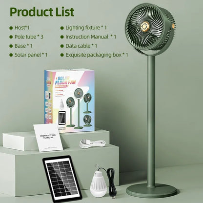 ☀️ 3-in-1 Solar Powered Camping Floor Fan, Adjustable Height Portable Outdoor Fan with Built-in LED Light & Emergency Power Bank for Tent RV Patio Tailgating