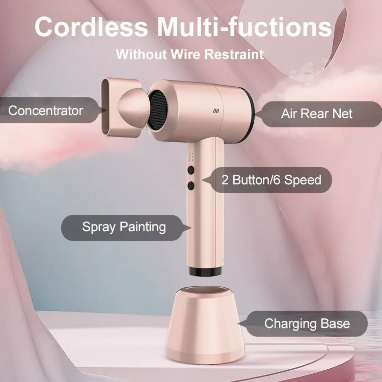 🔋Cordless Rechargeable Hair Dryer, 5000mAh Wireless Blow Dryer with Charging Base, 6 Adjustable Speeds & Concentrator Nozzle Compact Travel Hair Dryer for Dorm Hotel